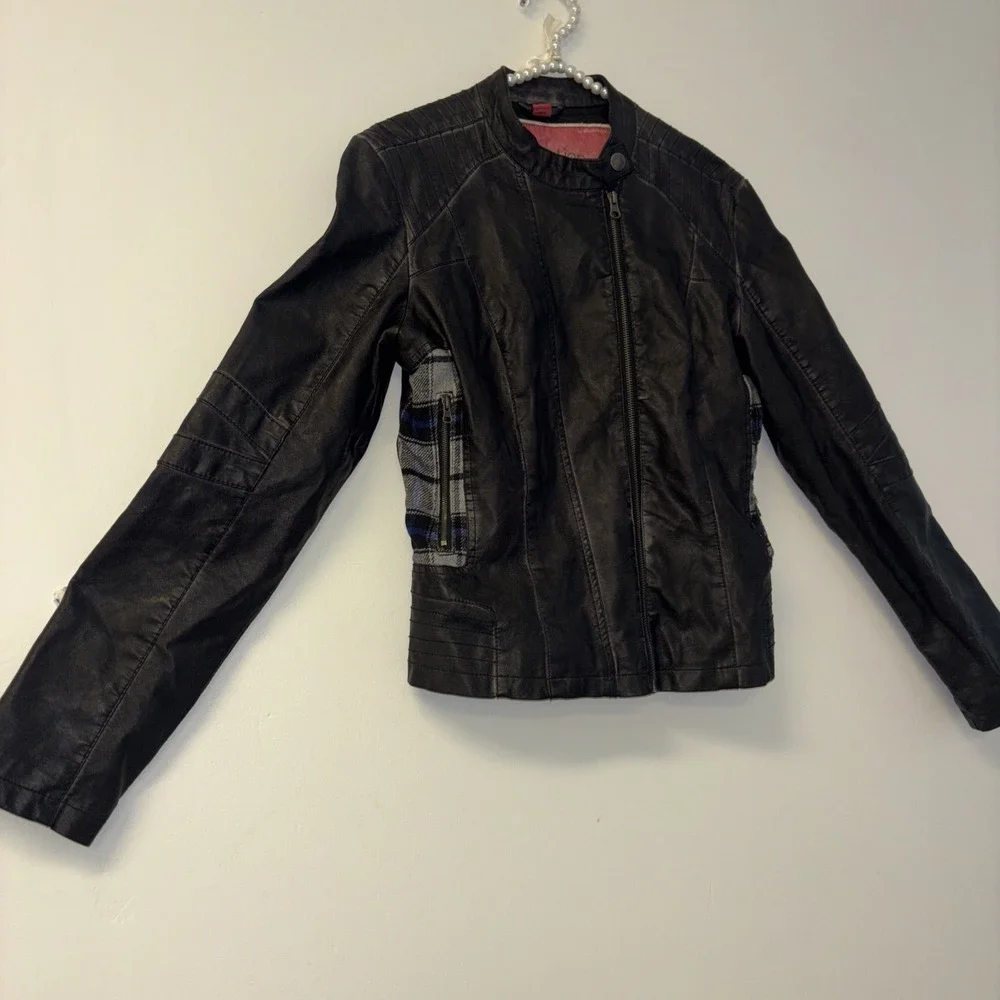 Womens Vegan Leather Jacket Sz L Plaid Vtg Classic Coat Y2K Art To Wear Winter